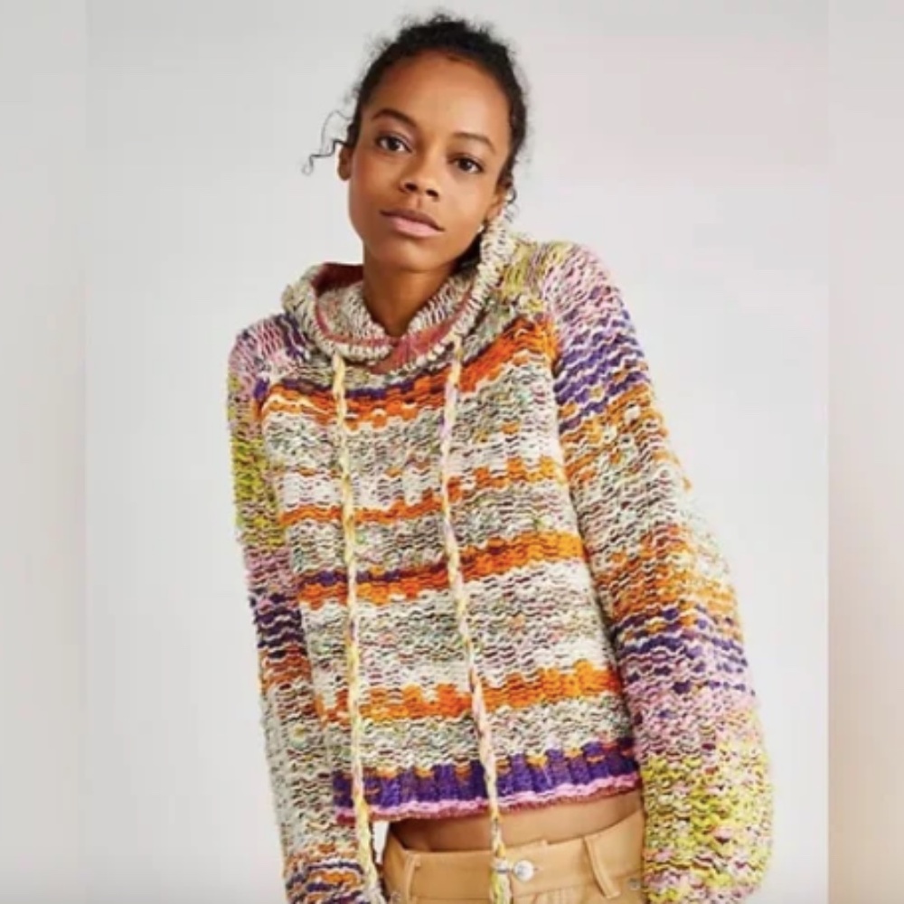 RARE Free People Winter Bright Hoodie Chunky Knit Cropped Sweater XS
